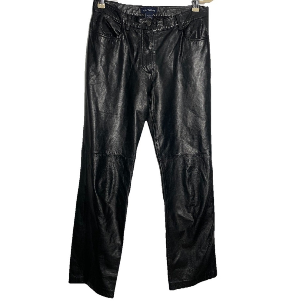 Vintage Y2K Ann Taylor Straight Black Leather Flat Front Pants Lined Size 4